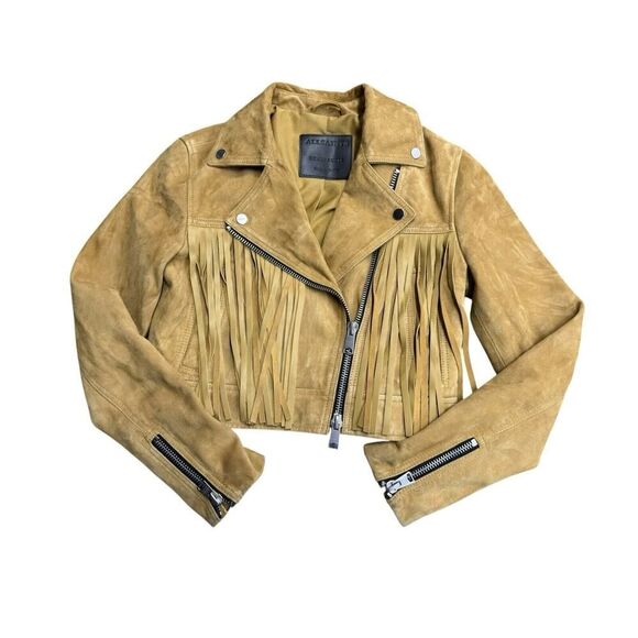 All Saints Tassel Fringe Cropped Genuine Suede Leather Biker Jacket sz 2 US - Picture 5 of 16